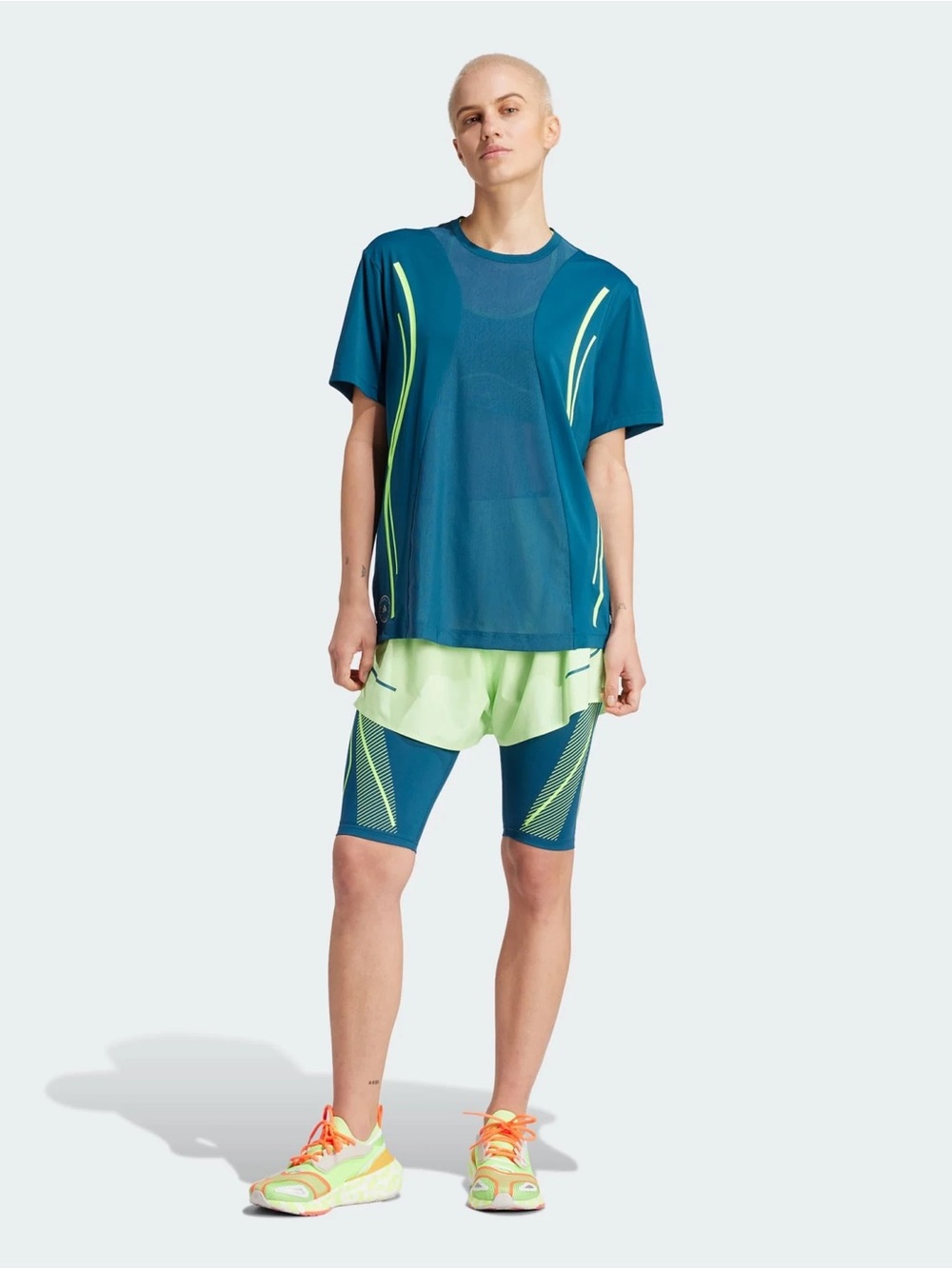 Adidas by Stella McCartney Running Sports Tee T-Shirt Mesh- Teal & Neon Yellow